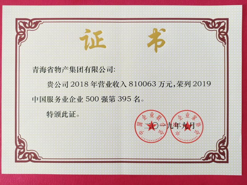 2019年中国服务业企业500强证书